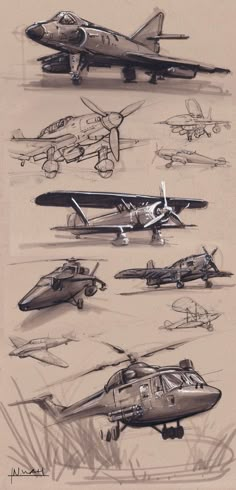 four different types of airplanes are shown in this drawing