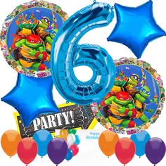 teenage mutant 6th birthday party supplies including balloon decorations and balloons with the number six on it