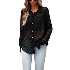 Women's Fashion Sexy Long Sleeve Blouse Spring Club Long Sleeve Blouse, Sheer Button-up Top For Party, Sheer Button-up Party Top, Stretch Button-up Party Tops, Flirty Long Sleeve Club Tops, Chic Summer Blouse For Clubbing, Chic Summer Blouse For Club, Trendy Fall Club Blouse, Chic Summer Club Blouse