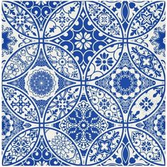 an intricate blue and white tile design with circular designs on the edges, in shades of blue