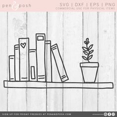 a book shelf with books and a potted plant on it in front of a wooden wall