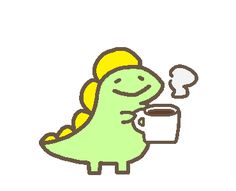 a green dinosaur holding a cup of coffee