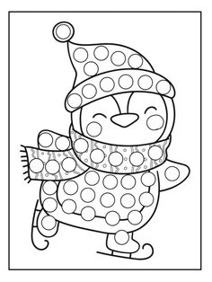 a penguin wearing a hat and scarf with polka dot dots on it, coloring page