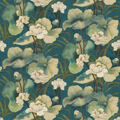 Watercolor Waterlilies Wallpaper in Teal Type Wallpaper, Lily Wallpaper, Lily Pattern, Room Bedding, Yellow Beige, Tv Background, Nature Themed, Burke Decor, Water Lily