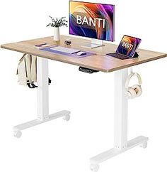 a computer desk with a monitor, keyboard and mouse on it in front of a white background