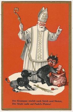 a card with an image of a priest surrounded by dogs and cats, holding a staff