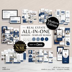 the real estate all - in - one mockup bundle is displayed on a table