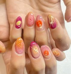 Nails Design Multi Color, Short Groovy Nails, Eclectic Nail Art, Pink Orange And Yellow Nails, Hippie Nail Art Boho, Twee Nails, Funky Pink Nails, Gen Z Nails, Hippie Nail Designs