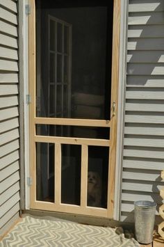 a dog is looking out the screen door