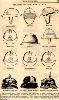 an old book with many different types of helmets on it's pages, including the names