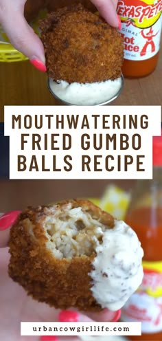 a person holding a fried gumbo ball in their hand with the text mouthwatering fried gumbo balls recipe