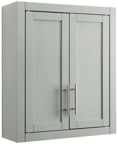 a white cabinet with two doors and handles