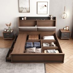 a bed with drawers in the middle of it