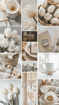 a collage of photos with white tulips and other things to do on the table