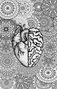 a black and white drawing of a human heart surrounded by intricately designed patterns on a gray background