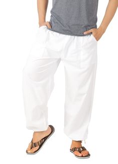 PRICES MAY VARY. SOFT, LIGHTWEIGHT, AND BREATHABLE : These mens white sweatpants are perfect for hot summer days. They're made of 100% cotton and are breathable, ultra-light and sheer, keeping you cool and comfortable all day long. ELASTIC WAISTBAND : The drawstring and elastic waistband on these baggy white pants allows you to adjust the fit to make them more comfortable and accommodating to any weight fluctuations. Whether you're lounging around the house or going out for a run. These yoga pan White Baggy Casual Harem Pants, Comfortable White Baggy Bottoms, White Casual Harem Pants With Elastic Waistband, Casual White Harem Pants With Elastic Waistband, White Harem Pants With Pockets And Loose Fit, Comfortable Baggy White Pants, Comfortable White Summer Pants, Baggy White Pants For Leisure, Baggy White Leisure Pants