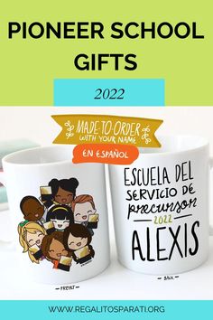 two coffee mugs with the words, pioneers school gifts in spanish and english on them