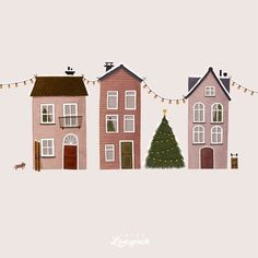 three houses with christmas trees and lights on the top one is pink, two are brown