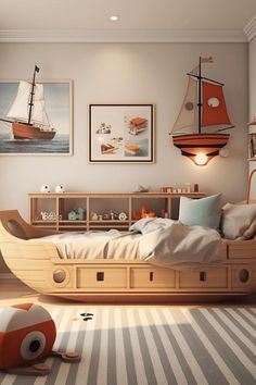 Nautical themed toddler boy bedroom resembling a pirate's cove. Pirate Themed Room, Toddler Boat Bed, Boys Pirate Bedroom, Nautical Boys Room, Boys Nautical Bedroom, Nautical Boy Room, Nautical Theme Room