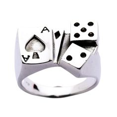 Ace Card Dice 925 Sterling Silver Lucky Gamble Ring  100% solid 925 sterling silver  Stamp.925 trademark inside the ring  Ring weight: 12g  (approx)  Ring face: 22mm x 19mm   Take a chance and risk your hand on lady luck when you discover this truly unique gents dress ring. Upon the face, it depicts a stack of playing cards and two traditional dice. From the gambler through to those that dabble in the odd bet, this ring carries with it a sense of luck and good fortune. Ideal for the man that nee Gents Dress, Lucky Ring, The Gambler, Wallet Chains, Ace Card, Lady Luck, Take A Chance, Belt Accessories, Dress Rings