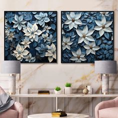 two paintings on the wall in a living room with chairs and tables next to each other