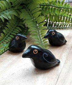 three black birds sitting on top of a wooden table next to a fern leaf and potted plant