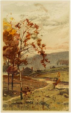 an image of a painting with trees and hills in the background