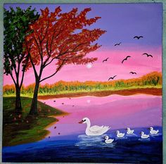 an acrylic painting of ducks swimming in a lake with trees and birds flying around