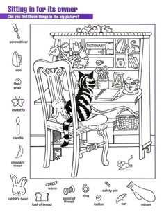 a coloring page with an image of a cat sitting in a chair at a desk