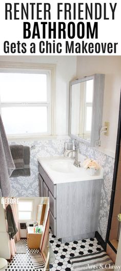 an old rental bathroom gets a chic makeover with black and white floor tiles