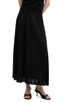 Move gracefully through your day in a pleated maxi skirt cut in a flowy A-line silhouette. Elastic waist Unlined 100% polyester Machine wash, line dry Imported Black Flowy Pleated Maxi Skirt, Black A-line Flowy Pleated Skirt, Black Full-length Flowing Pleated Skirt, Non-stretch Black Long Pleated Skirt, Black A-line Maxi Skirt With Gathered Details, Pleated Maxi Skirt, Pleated Maxi, Elastic Waist, Womens Bottoms