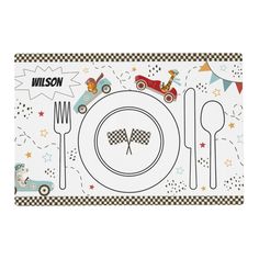 a place mat with cars on it and a fork, knife and spoon in the middle