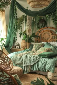 a bedroom decorated in shades of green and wicker with hanging plants on the wall