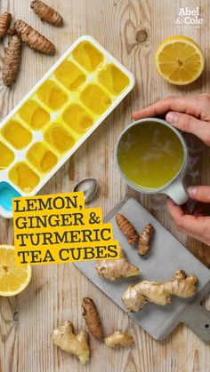 lemon, ginger and turmeric tea cubes on a wooden table with text overlay