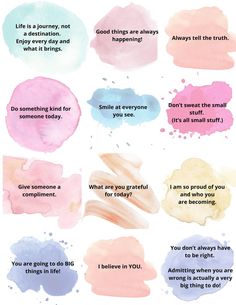 some pink and blue watercolors with words on them