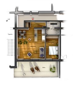 an overhead view of a floor plan with furniture