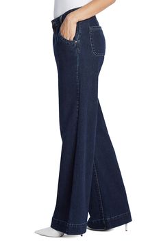 A tailored high waist and modern wide leg take these denim trousers and your workwear wardrobe to the next level. 27 3/4" to 33 3/4" inseam 95% cotton, 4% polyester, 1% spandex Machine wash, tumble dry Imported Classic Dark Wash Wide Leg Flare Jeans, Classic Wide Leg Denim Blue Flare Jeans, Classic Wide Leg Flare Jeans In Denim Blue, Classic Denim Wide Leg Pants For Fall, Modern Flare Denim Pants, Modern Flared Denim Pants, Dark Wash Denim Wide Leg Flares, Denim Blue Cotton Straight Leg Flares, Classic Medium Wash Wide Leg Flare Jeans