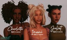 three different types of hair for females with the names charlotte, traisi and ariani