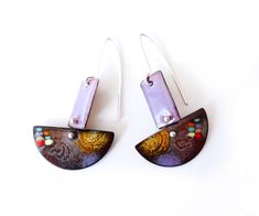 Metal Earrings - These earrings are created with many layers of colors and many firings. Sgrafitto technique is used to revel underlying layers and wet packing grains of enamel leave the piece with slightly raised areas and some pops of color. Each pair is unique! Water Jewelry, Cloisonne Enamel Jewelry, Vitreous Enamel, Artful Home, Enamel Necklaces, Cloisonne Enamel, Wood Jewelry, Crown Jewels, Enamel Earrings