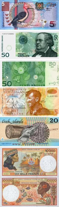 five different types of currency are shown in this image, each with an individual's face