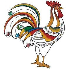 a colorful rooster standing in front of a white background with swirls and dots on it's tail