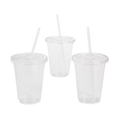 three clear plastic cups with straws and lids