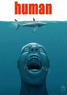 an image of a man with his mouth open in front of a shark that is swimming over him