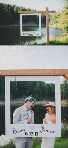 a couple standing next to each other in front of a sign