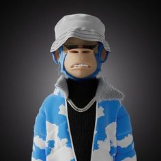 a monkey wearing a blue and white jacket with clouds on it's face, standing in front of a black background