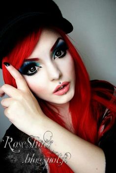 Rose Shock is so prettyyyy D:  Buh I want my hair that red again.  Except I'd get fired.  Buh. Rose Shock, Carnival Makeup, Goth Hair, Lots Of Makeup, Fun Hair, Fantasy Hair, Blue Eyeshadow, Natural Cream, Cool Hair Color