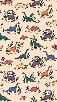 an image of dinosaurs and plants on a light pink background with black, red, blue, green, yellow, orange