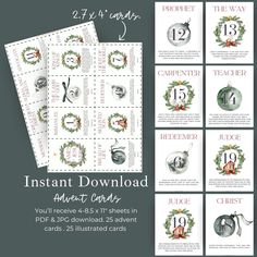 the printable instant christmas cards are shown with numbers and wreaths on each card