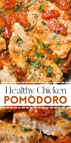 healthy chicken pomodoro with tomatoes and herbs in a skillet