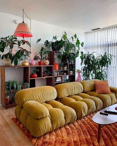 a living room filled with lots of green furniture and plants on top of the walls